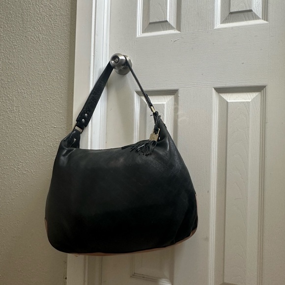 L.A.M.B. Y2K Vintage Black Leather Tan White Stripe Shoulder Bag - Picture 8 of 12